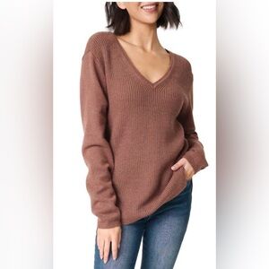 Gibson Women’s V-Neck Long Sleeve Warm Rib Sweater in Cinnamon Medium